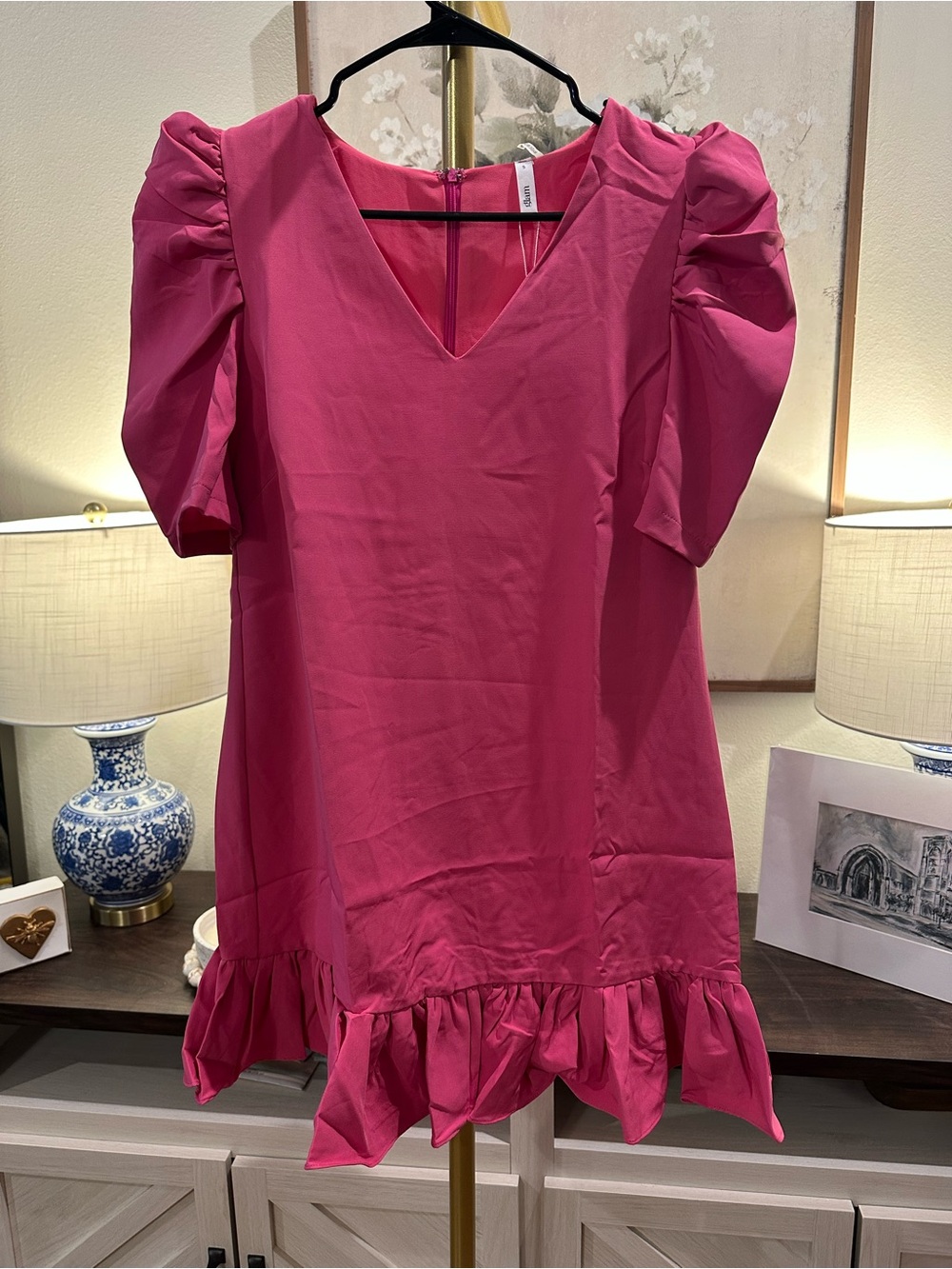 glam Pink Puff Sleeve Ruffle Hem Mini Dress